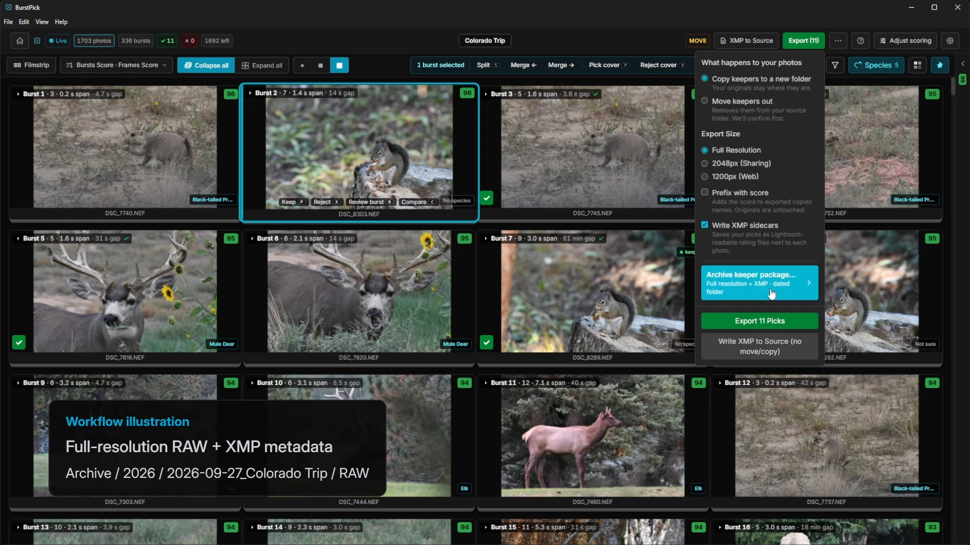 Export menu with Archive keeper package, and a caption showing the archive path for full-resolution RAW files with XMP metadata