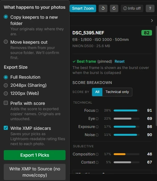 Export options with Write XMP sidecars checked, beside the score breakdown for DSC_5395.NEF